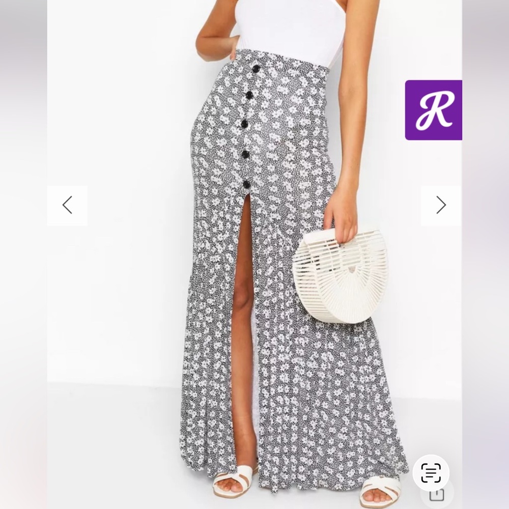 NWT BOOHOO BLACK BUTTON FRONT FLORAL DROP HEM MAXI SKIRT